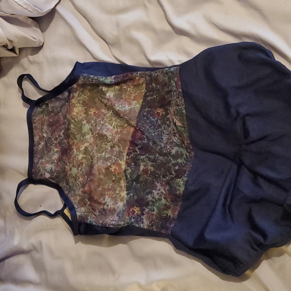 Leotard [Natalie] Size Med navy blue, mesh floral back